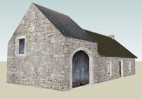 Essai de reconstitution de l’ancienne maison du chapelain (actuel presbytère) avant sa transformation de 1828 (vue du nord-'est). Les dimensions de l’étable et de la maison du chapelain sont rigoureusement respectées ainsi que l’agencement de la baie du pignon « est ».