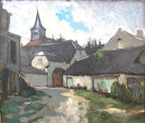 La ferme-château et la chapelle castrale vues du Chemin de Sy - Peinture de Henry Théatre (1913-1985) 