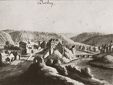 Durbuy et ses deux ponts vers 1730 - Lavis de Mathieu Antoine Xhrouet