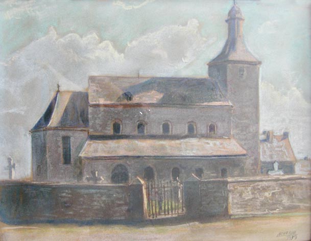 L'église Saint-Martin de Tohogne, côté nord (dessin réalisé sur papier kraft par le peintre Boverie, 1939, coll. F. Bellin).