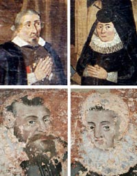 En haut : les donateurs du tableau votif Jean du Chesne de Marteau et son épouse Marguerite Françoise Dauvenne ; en bas : les donateurs de la peinture murale : Servais du Chesne et son épouse Barbe de Sohey.